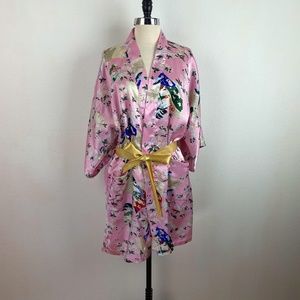 Whitby Pink Asian Satin Kimono Above Knee Ribbon Tie Short Sleeves Lounge Sz Lg